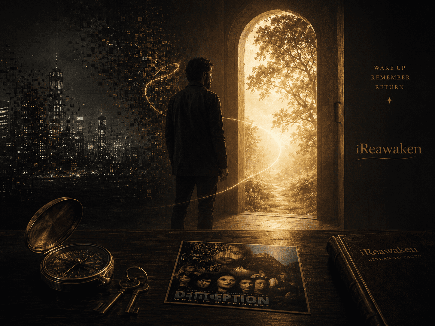 Premium iReawaken hero image with serious person between dreamlike city and warm doorway of light