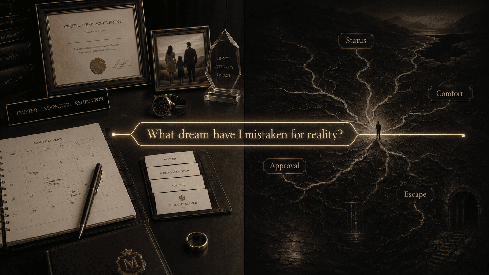 Premium conceptual image contrasting respectable outer life with darker interior map