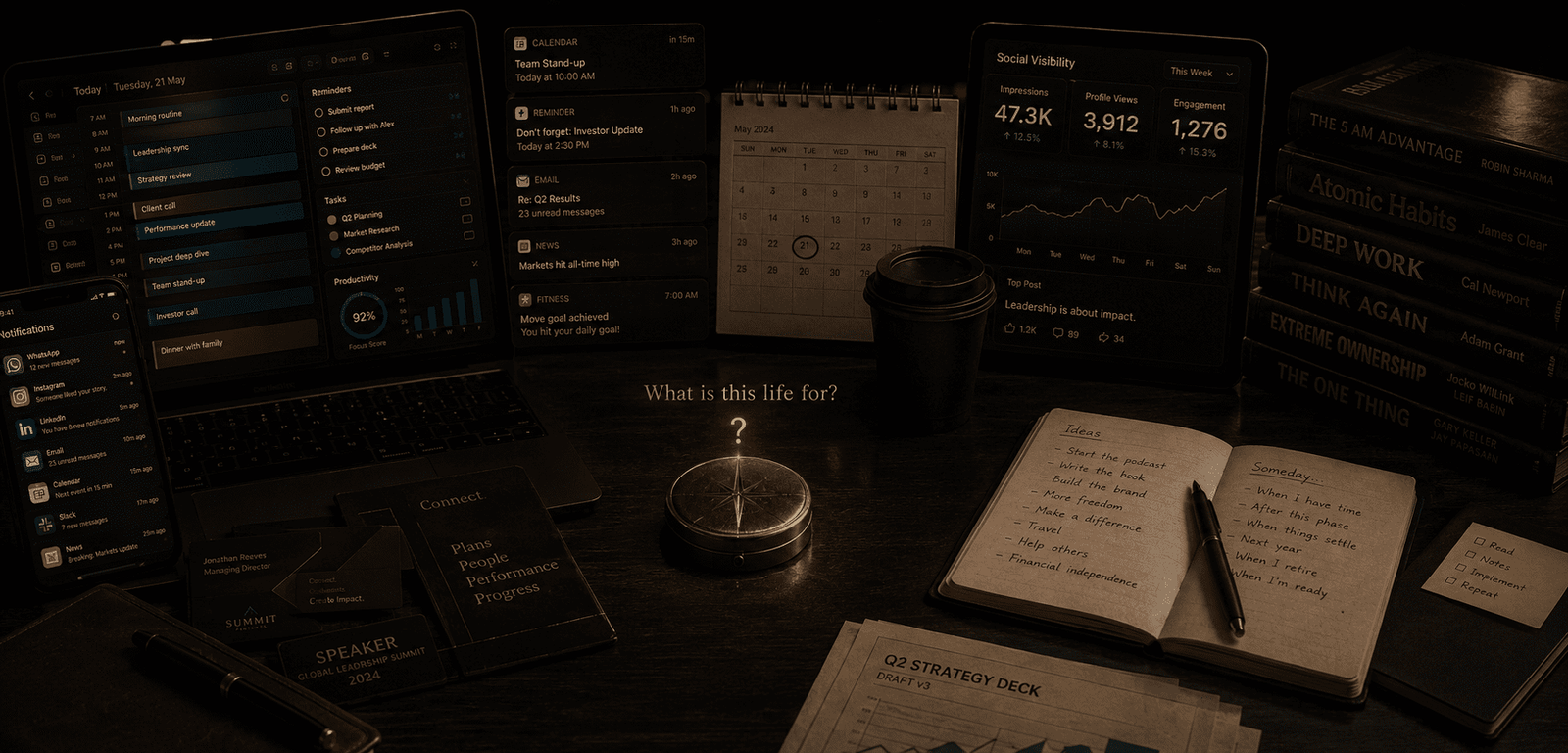 Premium dark image of modern substitutes for meaning with notifications, dashboards, books, and compass
