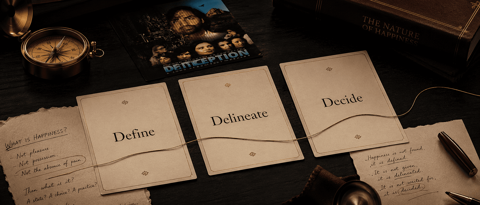 Premium framework image with Define, Delineate, Decide cards, compass, gold thread, and philosophical notes