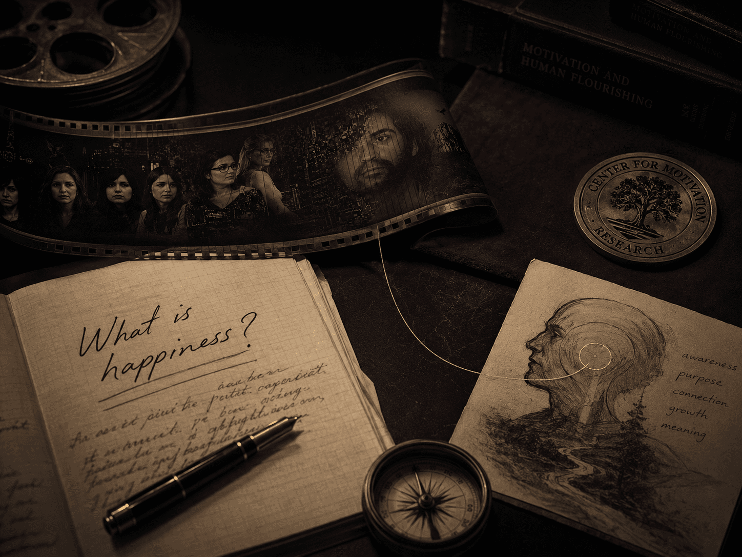 Premium DeINCEPTION origin image with film still, happiness question notes, compass, and gold line