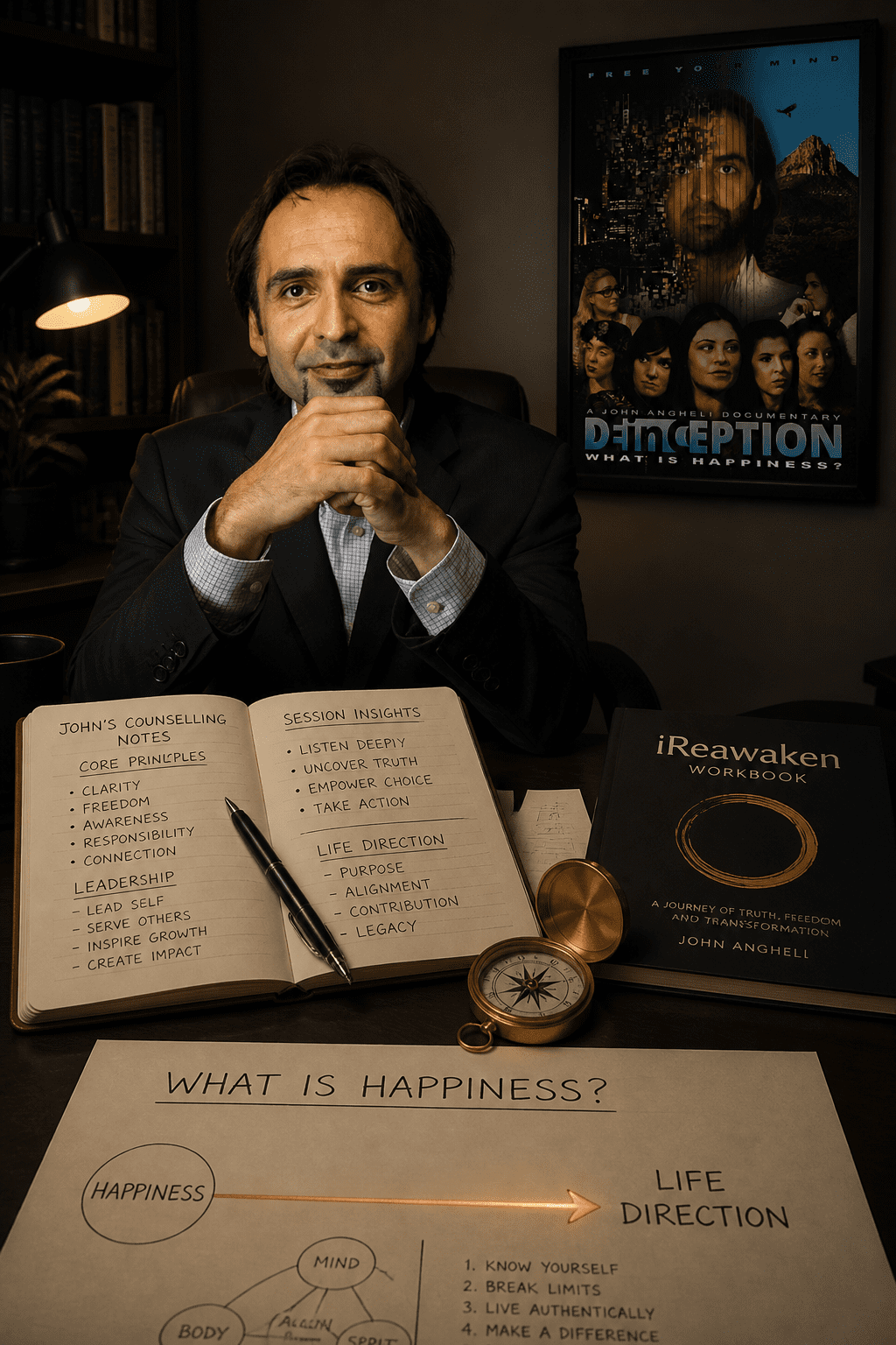 Premium portrait image with counselling-study room, iReawaken workbook, DeINCEPTION still, compass, and gold line