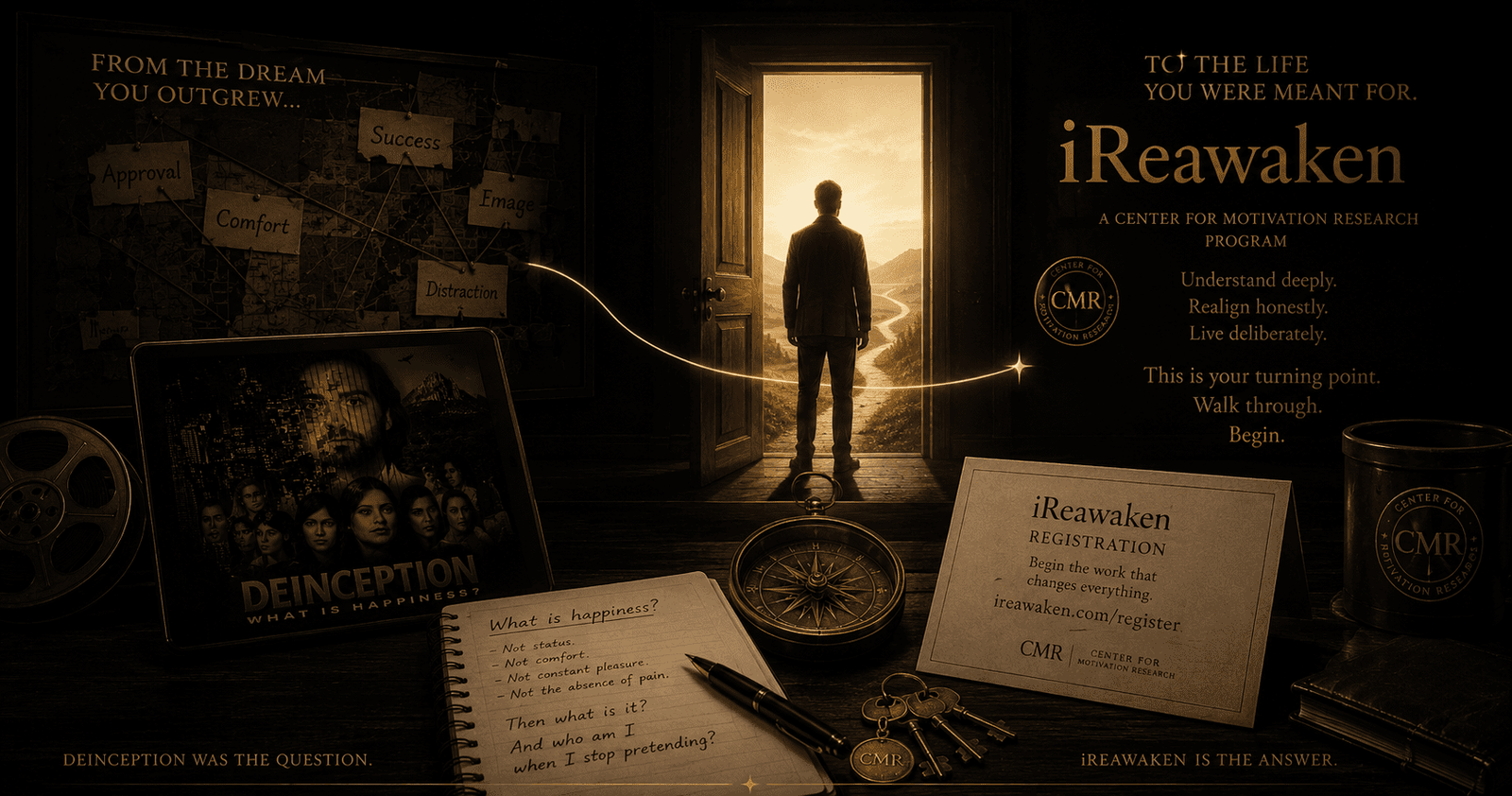 Premium final iReawaken CTA image with doorway, keys, registration card, DeINCEPTION film still, compass, and gold line